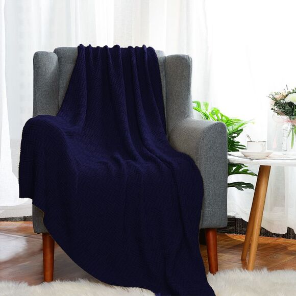 100% Cotton Cable Knit Throw Blanket Sofa Throw Blankets 47"x 70" Navy Blue - Picture 2 of 6